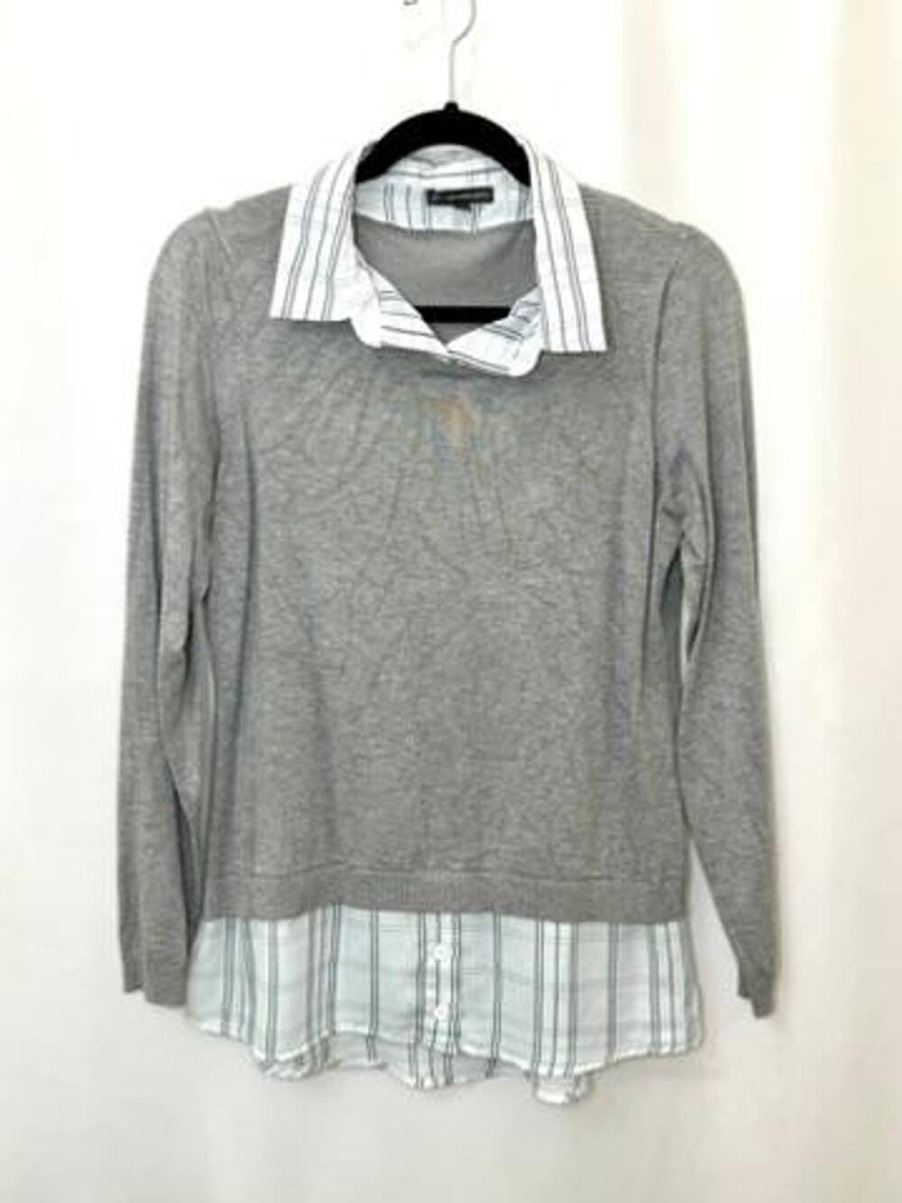 Adrianna Papell Layered Look Sweater Womens Medium Gray Knit Plaid Shirt Hem